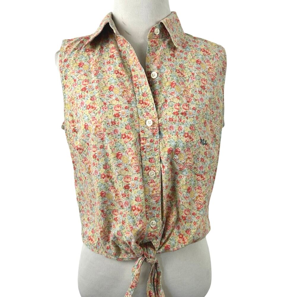 Lauren Ralph Lauren Floral Tie Front Sleeveless Button Shirt Top Cotton Linen M